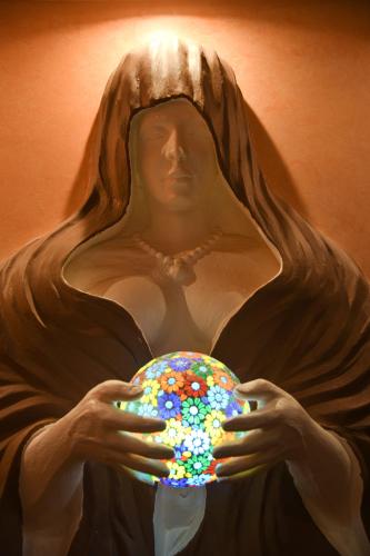 a painting of a woman holding a donut in her hands at Satoria Villa in Jaipur