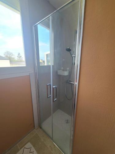 une douche avec une porte vitrée dans une salle de bain dans l'établissement Maison de campagne à 12 min de la première plage, à Pluduno