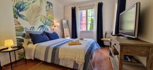 - une chambre avec un lit doté d'oreillers bleus et une télévision dans l'établissement Villa Provençale 6 -AC-Pool, à Éguilles