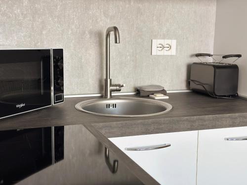 a kitchen with a sink and a microwave at Aquavista Residence - Lake & Poolside Vacation Homes in Castelletto sopra Ticino