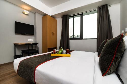 ein Hotelzimmer mit einem Bett und einem Fernseher in der Unterkunft Townhouse C Scheme Ahinsa Circle in Jaipur