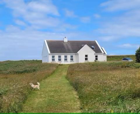 a dog running in front of a white house at Belmullet Beach House Retreat in Belmullet