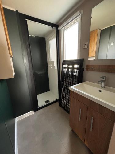 une salle de bain avec un lavabo et un miroir dans l'établissement A louer mobil home 2 chambres à Siblu La Réserve à Gastes, à Gastes