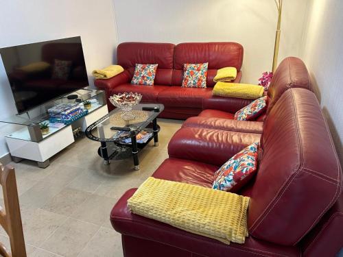 un salon avec des canapés en cuir rouge et une télévision dans l'établissement Gîte de la porte des Princes à Courthézon, à Courthézon