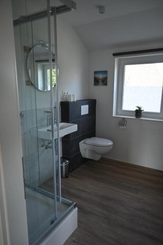 a bathroom with a toilet and a sink and a window at Ferienwohnung Ochtmissen in Lüneburg
