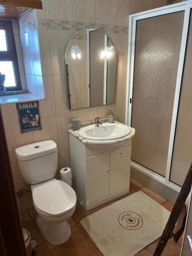 a bathroom with a toilet and a sink and a mirror at Casa da Cantarinha in Fundão