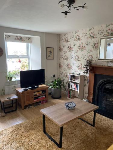 a living room with a tv and a fireplace at Bryntivy - a cheerful stone cottage close to beach in Saint Dogmaels