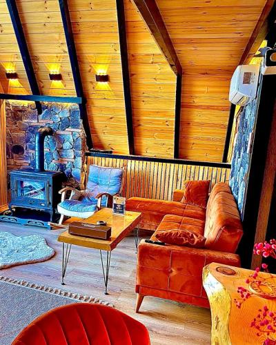 a living room with a couch and a wood stove at Mirana Bungalov in Ardeşen