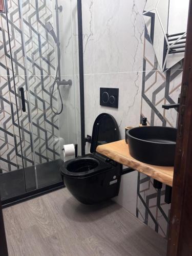a bathroom with a black toilet and a sink at Valley View Studio in Saint Vincent