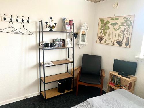 ein Zimmer mit einem Bett, einem Stuhl und einem Fernseher in der Unterkunft Værelse Midtfyn Heden in Ringe