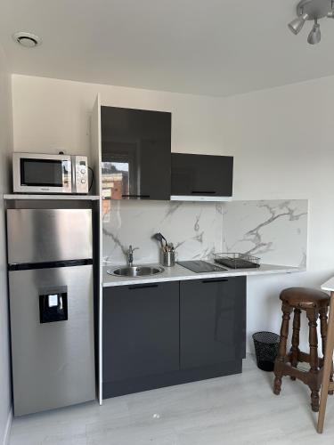 une cuisine avec un évier et un micro-ondes dans l'établissement Beau studio lumineux, à Mons-en-Baroeul