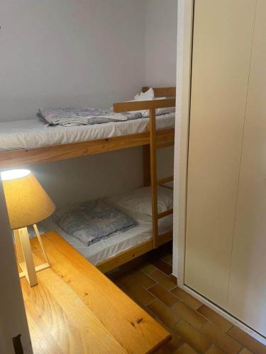 Cette petite chambre comprend 2 lits superposés et une lampe. dans l'établissement Superbe appartement Les Jardins du Lac, à Embrun