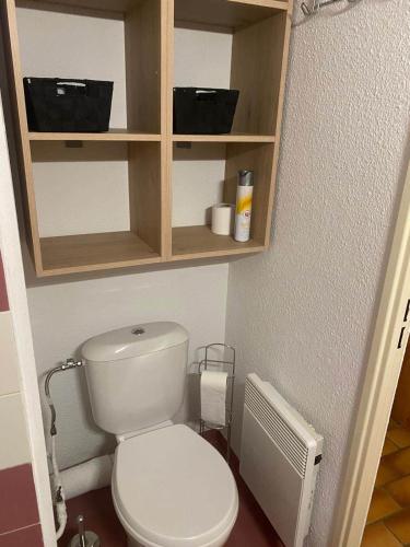 Elle comprend une petite salle de bains pourvue de toilettes blanches et d'étagères en bois. dans l'établissement Superbe appartement Les Jardins du Lac, à Embrun
