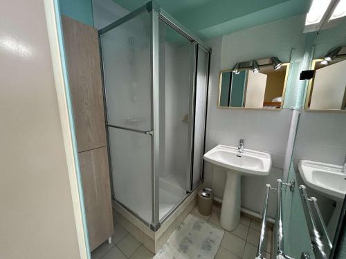 une salle de bain avec douche et lavabo dans l'établissement Centre-ville, proche plage - Appt 2P cabine, 4 pers avec parking privé, Le Grau-du-Roi - FR-1-250-114, au Grau-du-Roi