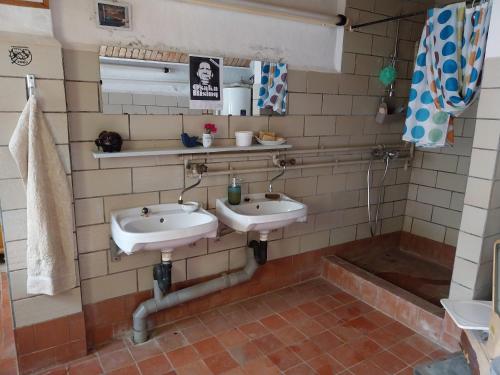 a bathroom with two sinks on a tiled wall at Eselstall Karl in Löhma