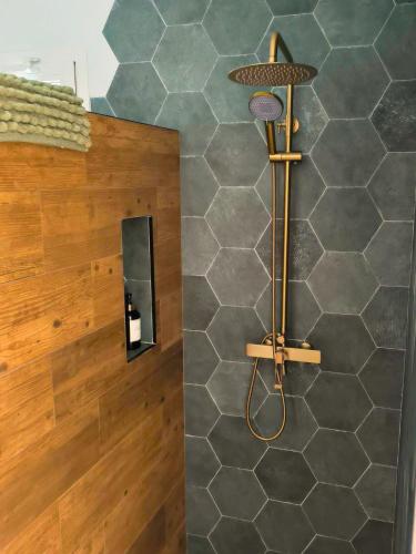 a shower in a bathroom with a stone wall at Casa LaLa in Roque