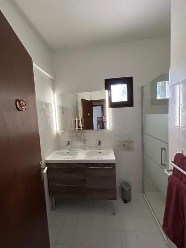 une salle de bain avec un lavabo, un miroir et une douche dans l'établissement Les 4 cyprès, à Contes