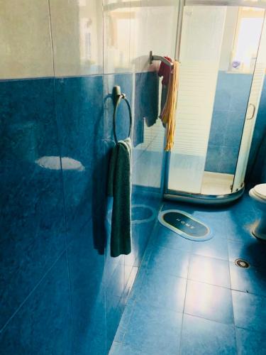 ein blaues Badezimmer mit Dusche und Toilette in der Unterkunft Pippa in Korçë