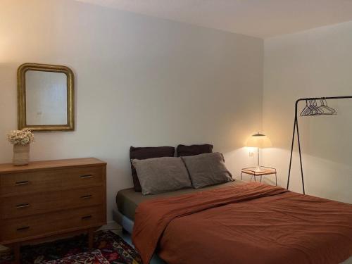 une chambre avec un lit, une commode et un miroir dans l'établissement Village house with pool 8 minutes from Uzès, à Flaux