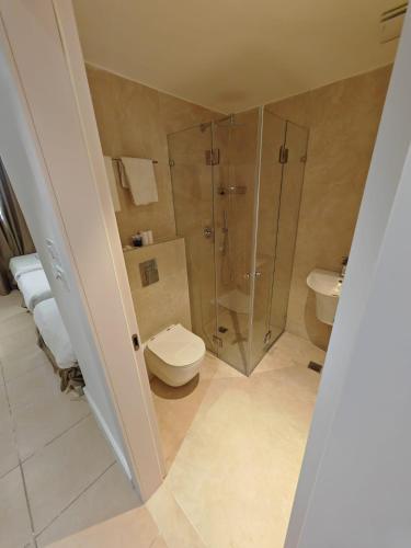 a bathroom with a shower and a toilet and a sink at New Metropole Hotel - Jerusalem in Jerusalem