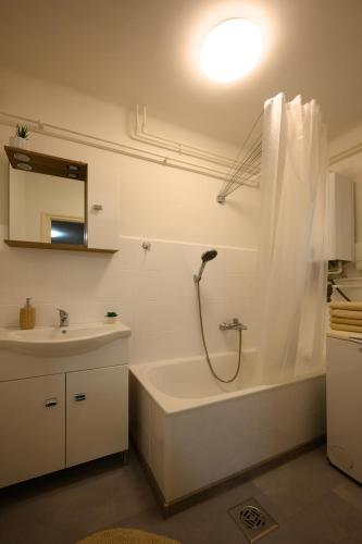 a white bathroom with a shower and a sink at Szilvia Vendéghàz in Szarvas