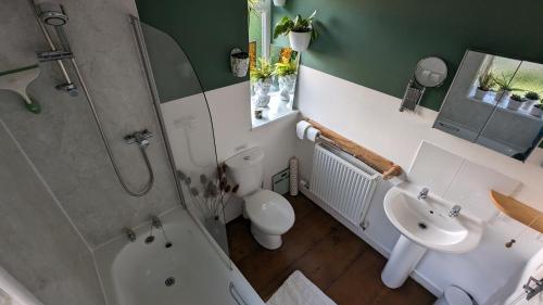 un bagno con doccia, WC e lavandino di Rose Cottage a Ledbury