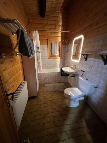 une salle de bain avec des toilettes blanches et un lavabo dans l'établissement Le cocon de La Bresse, à La Bresse