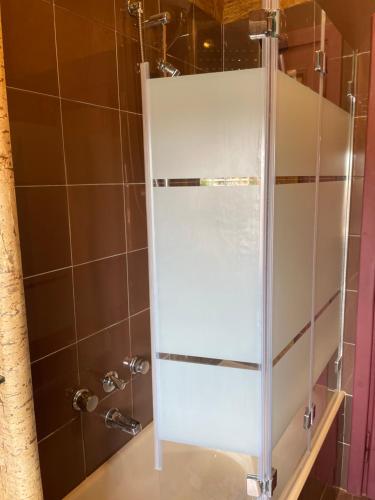 a shower with a glass door in a bathroom at Private and quiet room in Rome