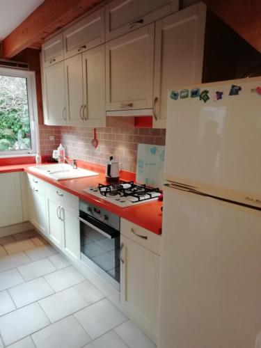 une cuisine avec des armoires blanches et un réfrigérateur blanc dans l'établissement Havre de paix entre mer et forêt, à Ploumilliau