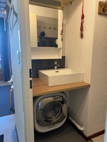La salle de bains est pourvue d'un lavabo et d'un lave-linge. dans l'établissement Appartement St Francois Longchamp., à Saint-François-Longchamp