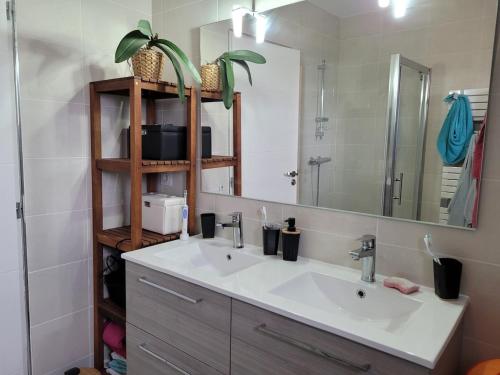 une salle de bain avec un lavabo et un miroir dans l'établissement Maison de vacances avec piscine près de Montpellier, à Saint-Drézéry