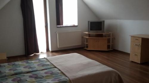 a bedroom with a bed and a television on a dresser at Casa Dancs in Covasna