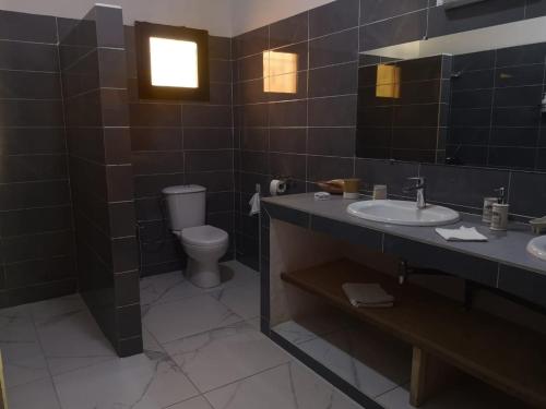 a bathroom with a toilet and a sink and a mirror at villa arborée ngaparou in Ngaparou