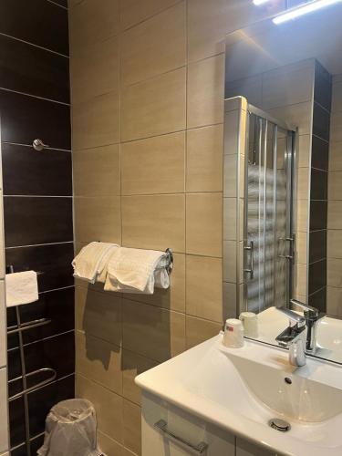 une salle de bain avec un lavabo et un miroir dans l'établissement Hôtel Roc de Massabielle, à Lourdes