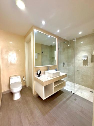 a bathroom with a toilet and a sink and a shower at Maravilloso Pent House en 5th Avenida nuevo en plataforma in Playa del Carmen
