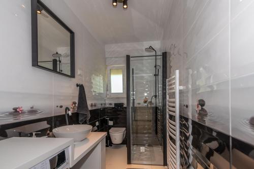 a bathroom with a sink and a glass shower at Villa ForRest, a charming villa surrounded by beautiful nature in Križanici
