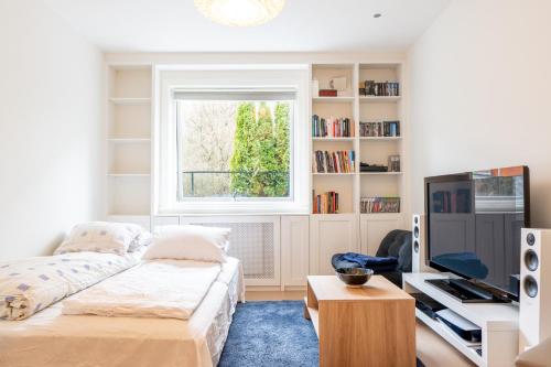 オスロにあるCentral and modern apartment at Frognerのリビングルーム(ベッド1台、窓付)