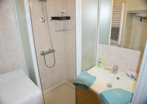 une salle de bain avec douche et lavabo dans l'établissement Joli studio cabine Vue Mer dans une Résidence avec Piscine, à Cavalaire-sur-Mer