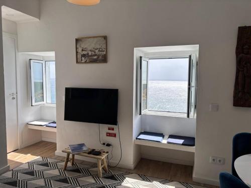 a living room with a flat screen tv and two windows at Casa do Aviador in Relva