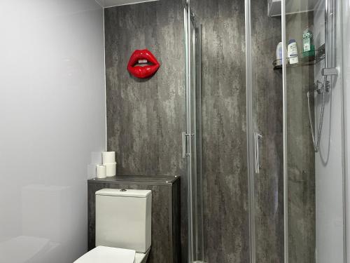 a bathroom with a shower with a red lips on the wall at Private Main Door Lovely 2 bedroom apartment in Edinburgh