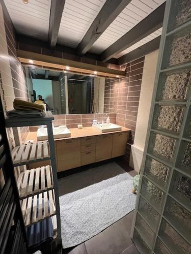 une salle de bain avec un lavabo et un miroir dans l'établissement Villa Entre lac, forêt, océan, à Biscarrosse