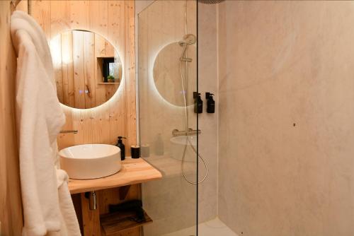 a bathroom with a shower and a sink at Domaine des Étoiles - Logements Insolites in Gillonnay