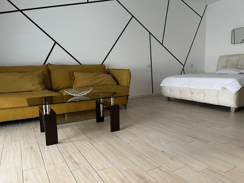 a living room with a couch and a bed at Garsoniera Zona Centrala in Craiova