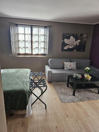 a living room with a bed and a couch at Hotel Colegiata in Santillana del Mar