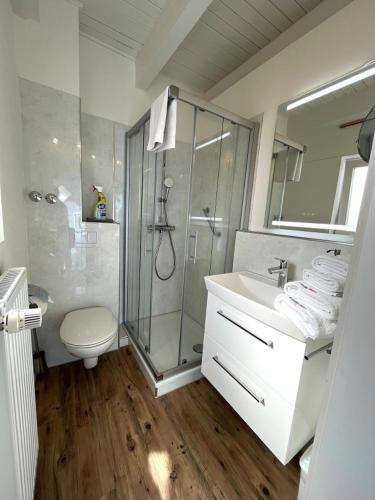 a bathroom with a shower and a toilet and a sink at Tornado in Laboe