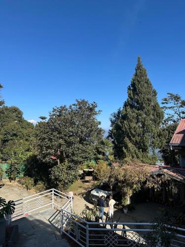 a group of people walking around a garden at Zimba Cottage Retreat in Kalimpong