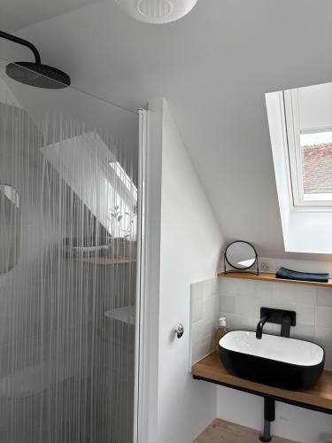 une salle de bain avec un lavabo et une douche en verre dans l'établissement Studio Fourchaume, à Chablis