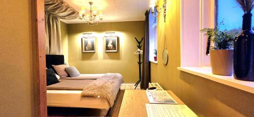 a small room with a bed and a couch at Guesthouse 'Blue House' in vintage villa&garden in Copenhagen