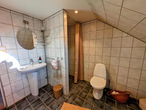 a bathroom with a toilet and a sink at Glemminge Bed & Bastu in Glemminge