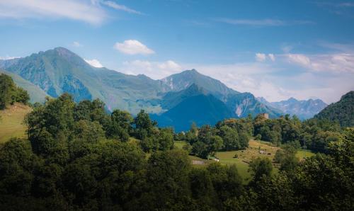 une vue d'une vallée avec des montagnes en arrière-plan dans l'établissement Terrafirma 40m2 Flat with Private 20m2 Terrace on D918 Ideal for Cyclists, à Arras-en-Lavedan